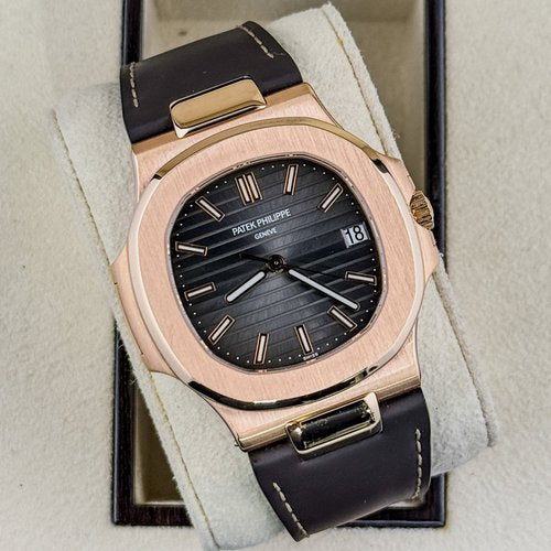 Patek Philippe Nautilus 18k Rose Gold Grey Dial Leather Strap Watch 5711R-001 (Sold)